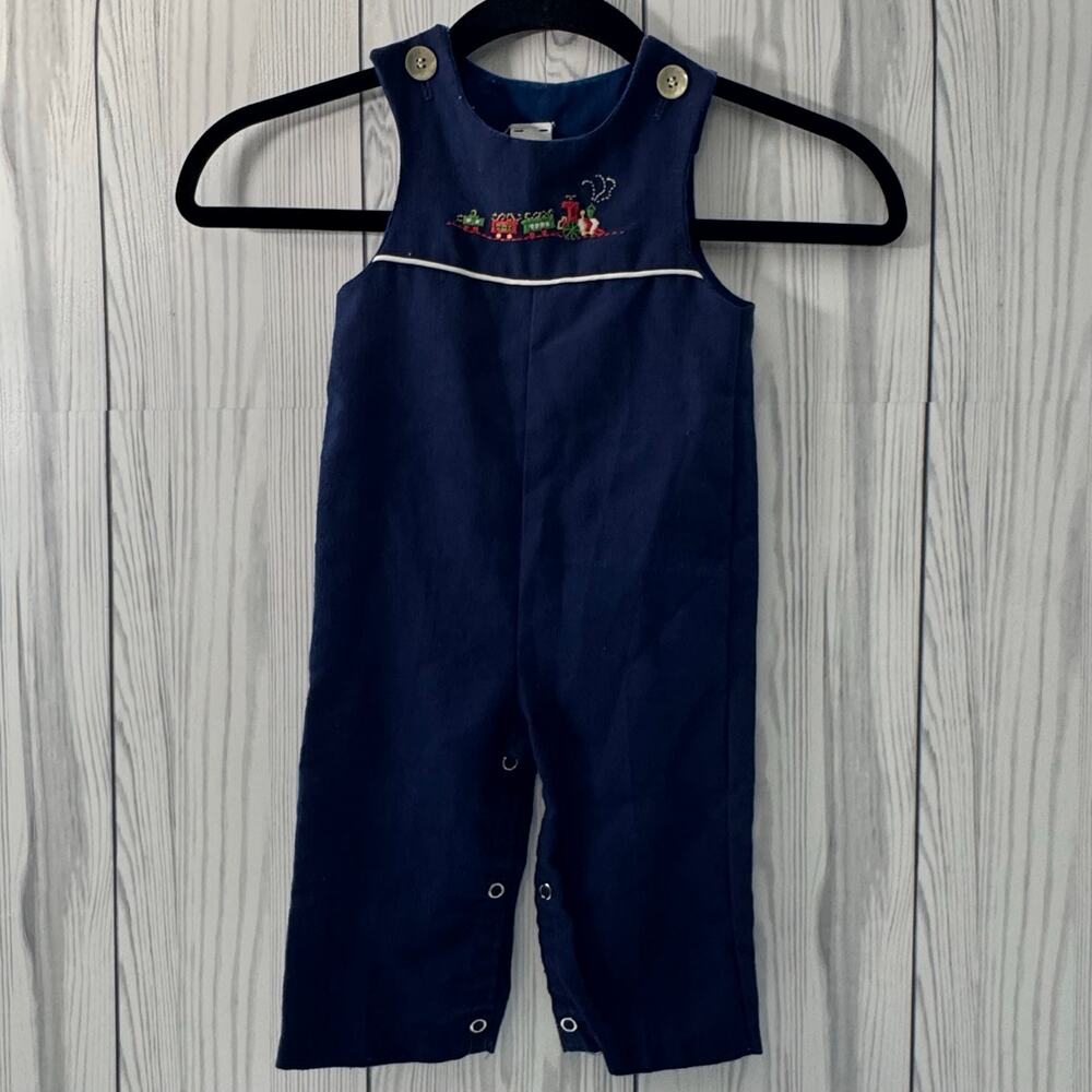 Vintage Navy Toddler Embroidered Trains Baby Overalls Boys Size 12 Mos USA